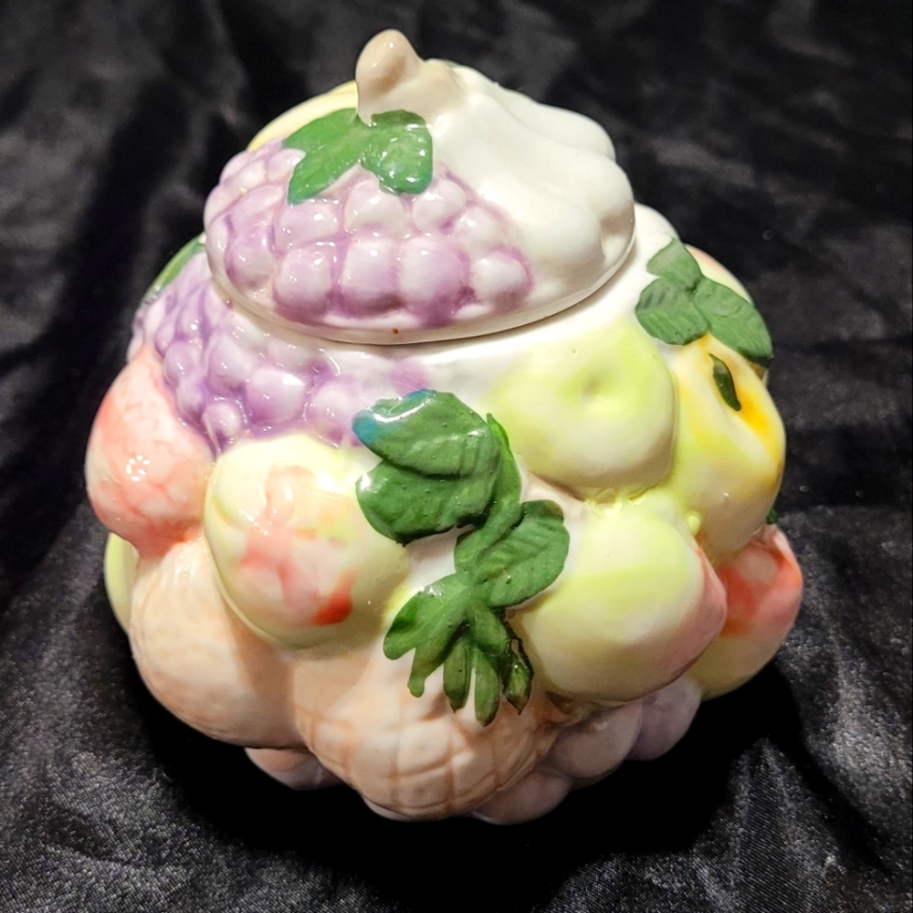 Vintage Porcelain Jar~Sugar Bowl~Trinket Dish~4 Inch With 3D Fruit